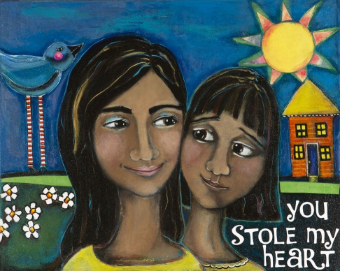 You Stole My Heart by Nancy Wolfe Kimberly | The original was made with acrylic paint, paper, tissue paper, and varnish on canvas.
All prints You Stole My Heart